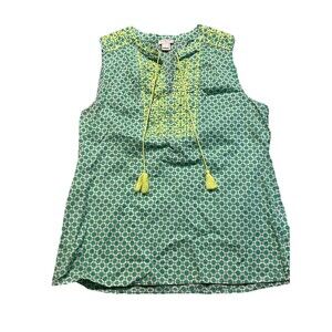 J.Crew Sleeveless Green Geometric Embroidered Tassel Top Size 2 Boho Festival